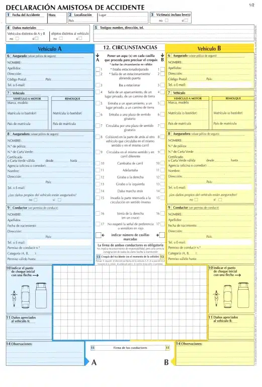 Parte amistoso en blanco: formulario oficial con casillas y apartados