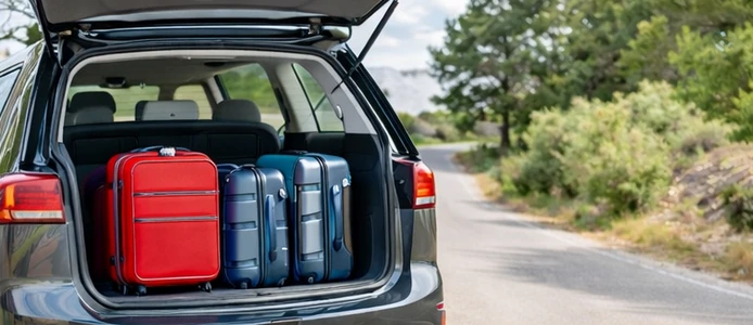 Volkswagen Golf familiar con 2 maletas y silla ISOFIX, ideal para viajar en familia por Menorca con comodidad.