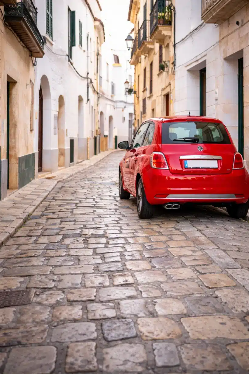 Fiat 500 aparcado en una calle estrecha de Ciutadella, Menorca, con casas blancas y suelo empedrado.